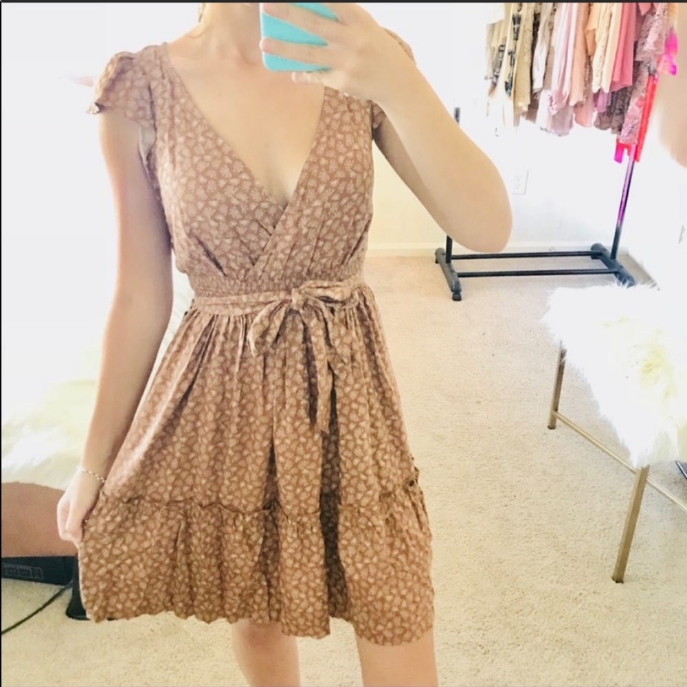 Candies brown floral tie waist deep v ruffle dress